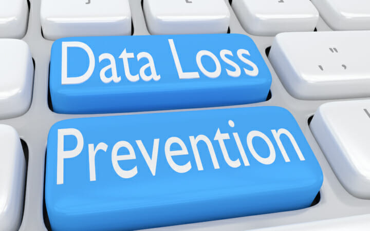 3D illustration of computer keyboard with the script "Data Loss Prevention" on two adjacent pale blue buttons
