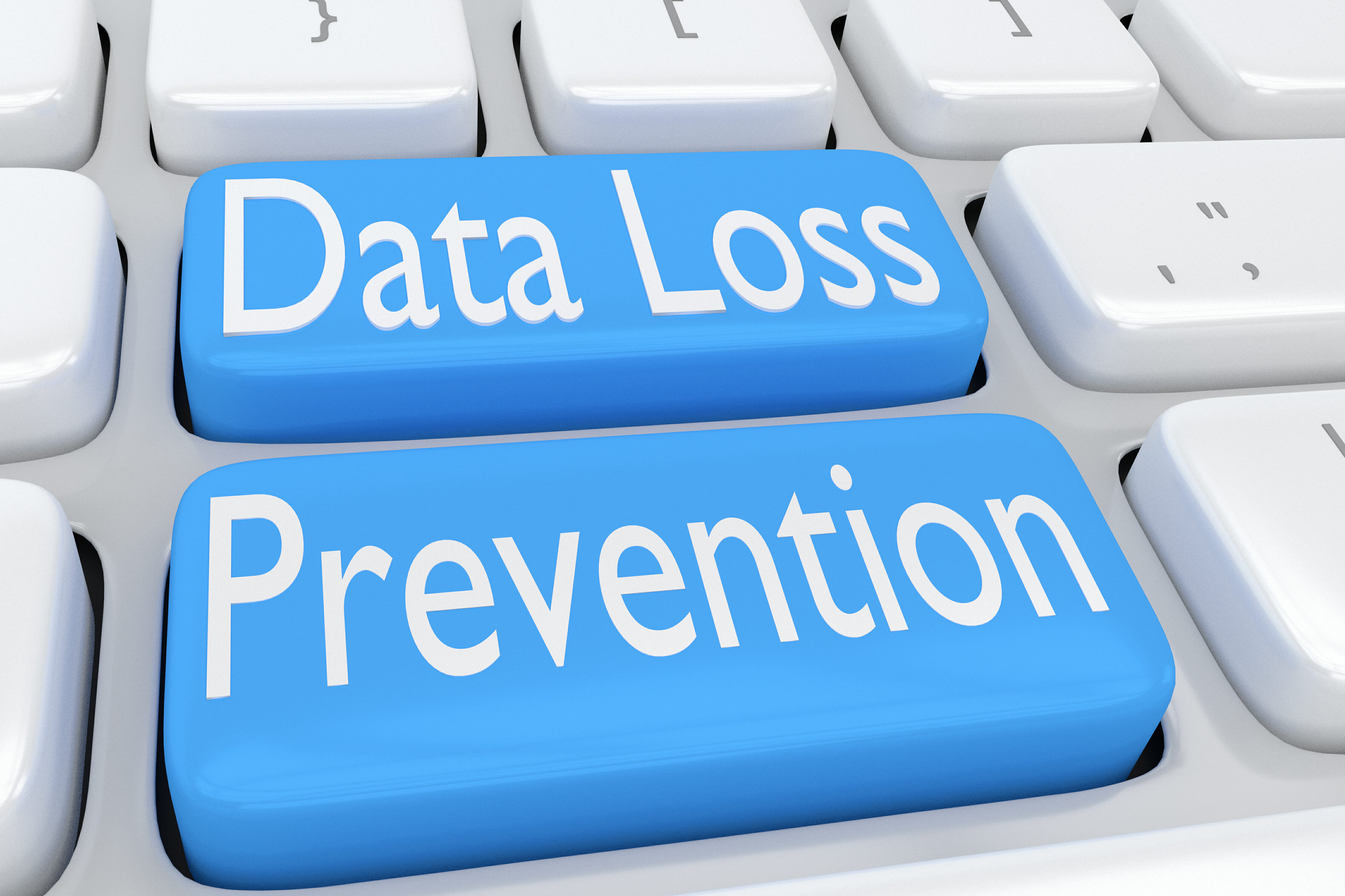 3D illustration of computer keyboard with the script "Data Loss Prevention" on two adjacent pale blue buttons