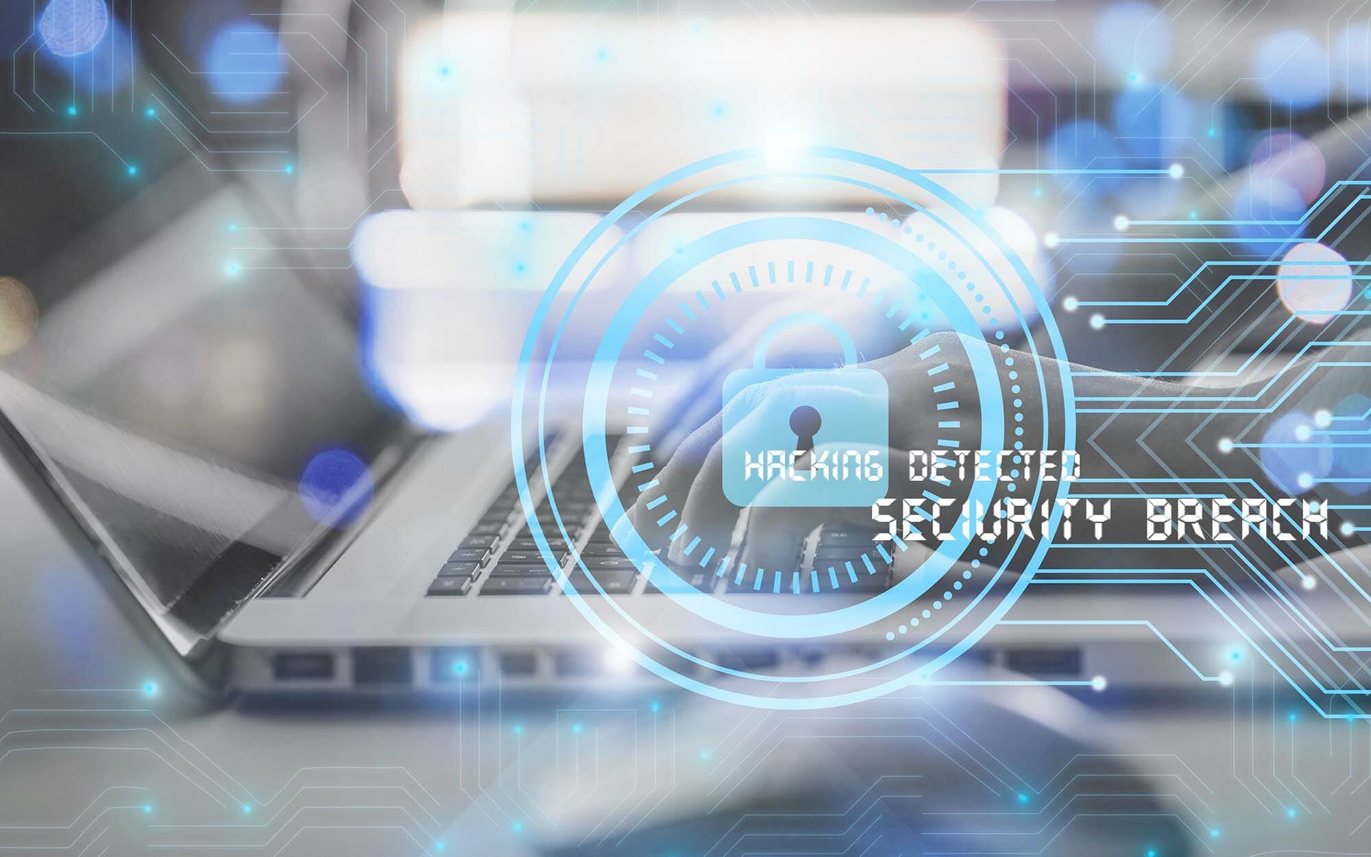 hands on comupter with blue lock graphic overlayed on the whole image
